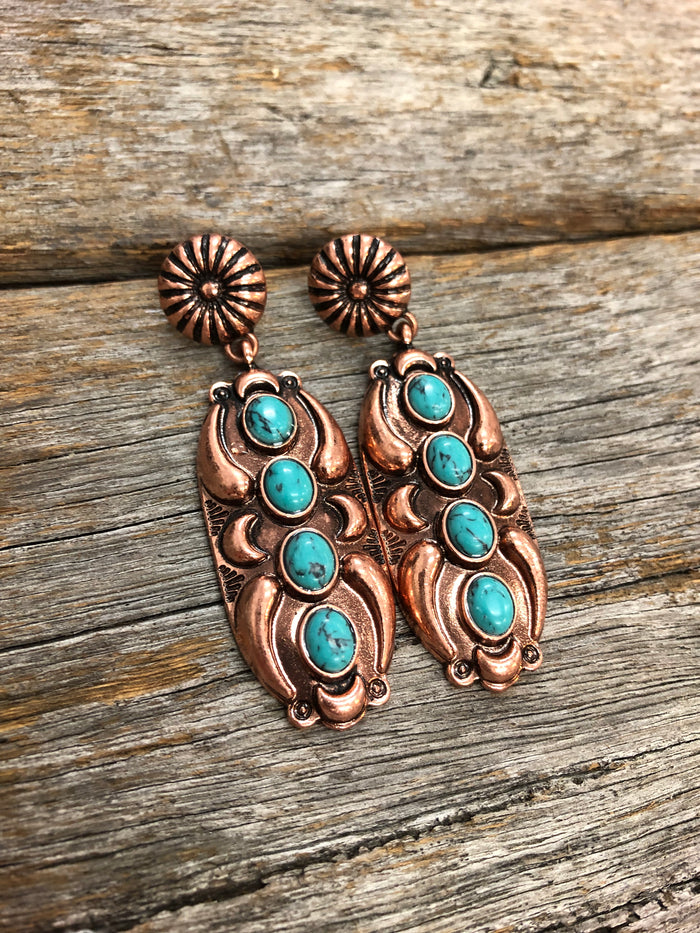 Western Earrings - Navajo Bronze Concho Drop Turquoise