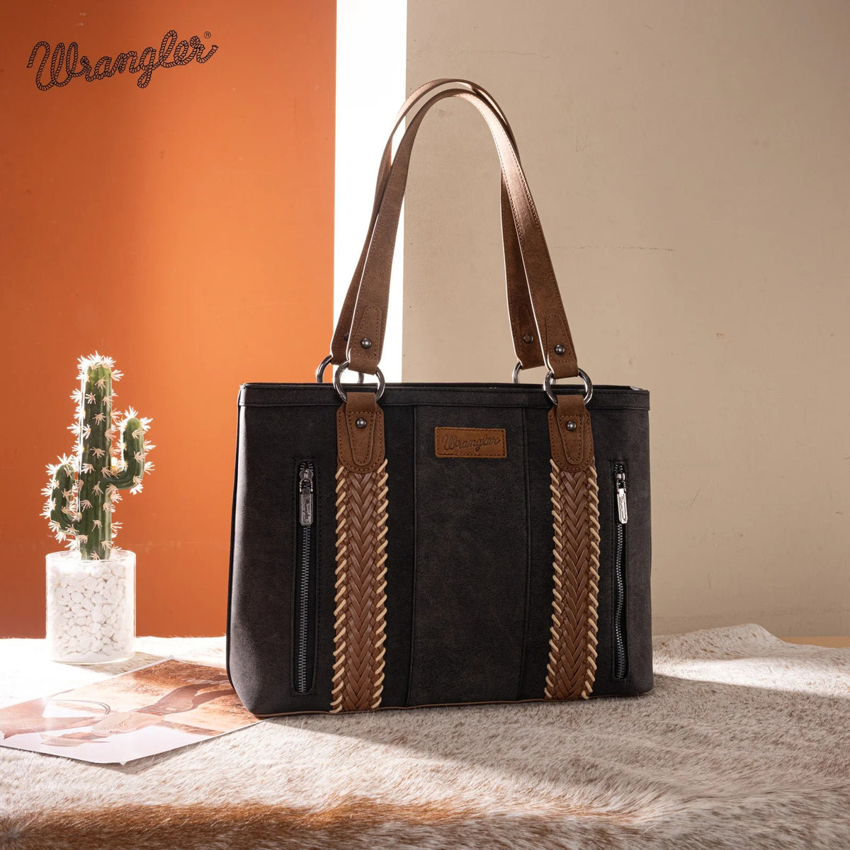 Wrangler Braided Whipstitch Large Tote Crossbody - Black