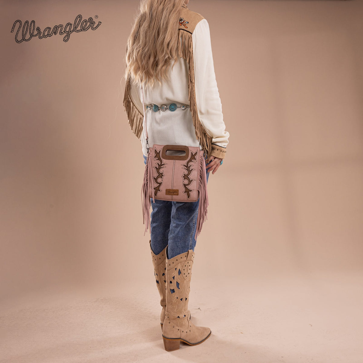 Wrangler Top Handle Boot Scroll Fringe Crossbody - Pink