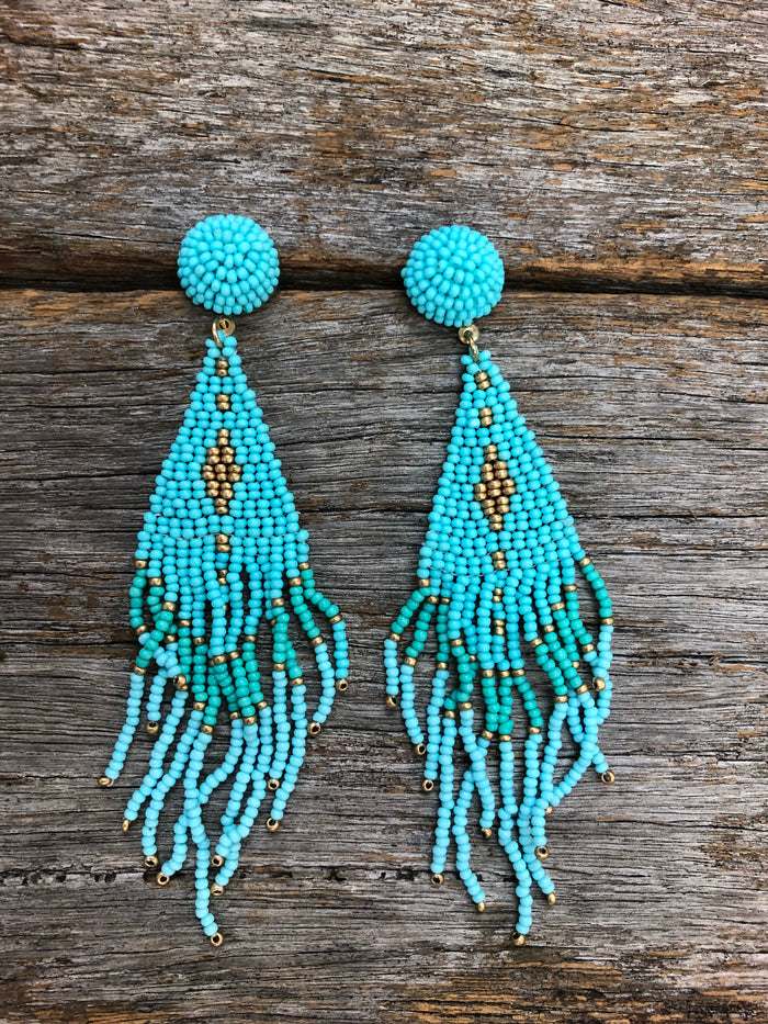 Western Earrings - Viola Seed Bead Triangle Tassel Drop Turquoise