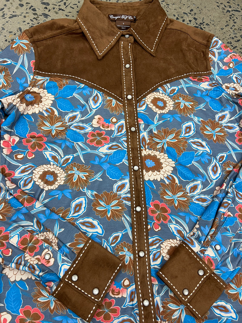 Cowgirl Tuff Pullover Arena Shirt - Floral With Brown Suede