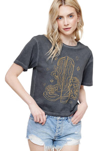 Puff Cowboy Boots And Rose Tee - Black