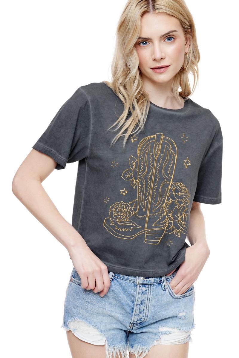 Puff Cowboy Boots And Rose Tee - Black