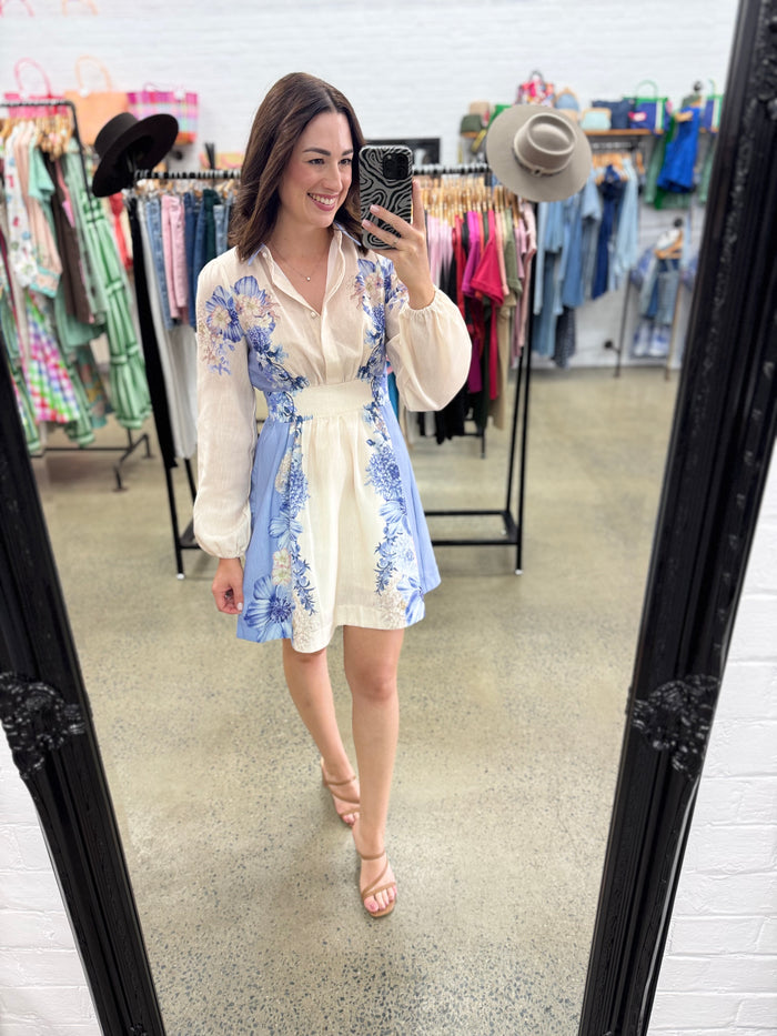 Love Stitch Mini Dress - Blue Floral