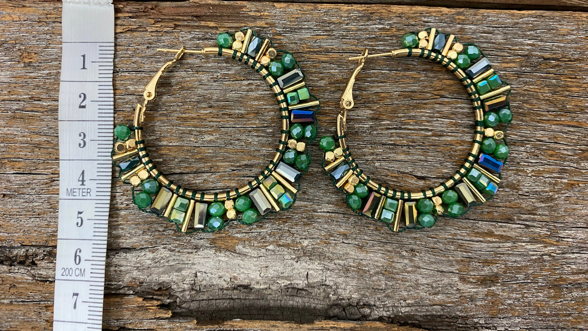 Earrings - Green Beaded Crystal Hoop Earrings