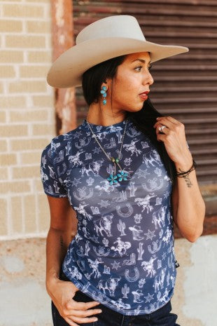 Western Navy Cowboy Mesh Top