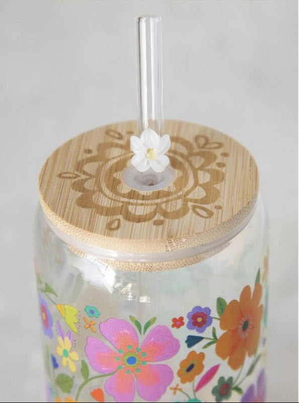 Glass Tumbler With Lid & Straw - Floral