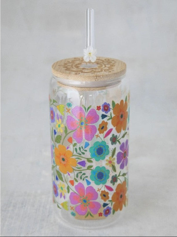 Glass Tumbler With Lid & Straw - Floral