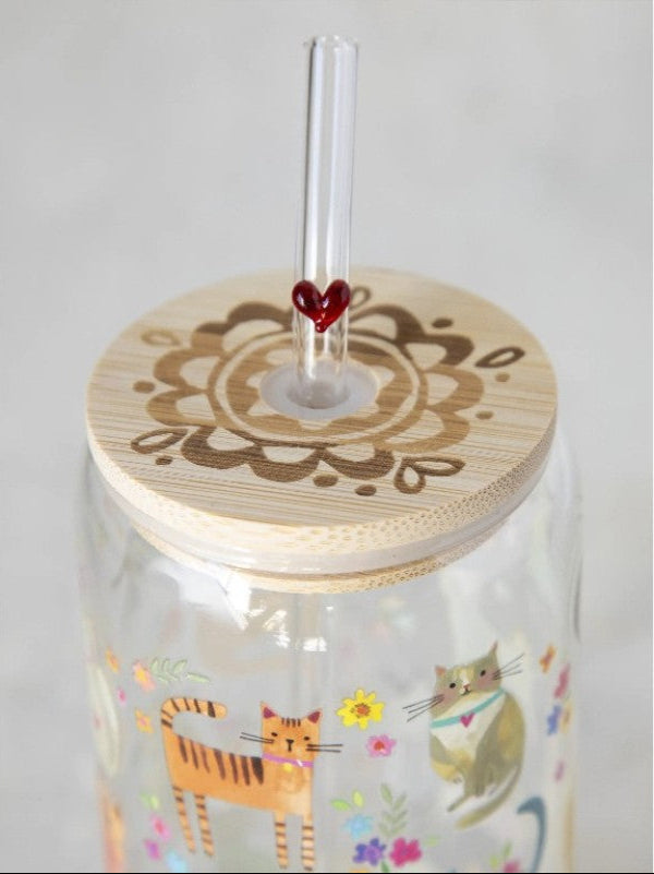Glass Tumbler With Lid & Straw - Cats