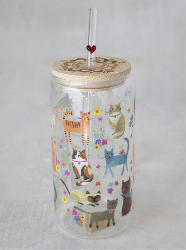 Glass Tumbler With Lid & Straw - Cats