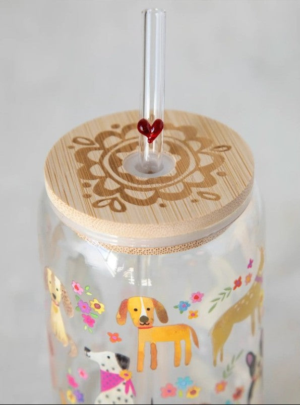 Glass Tumbler With Lid & Straw - Dogs