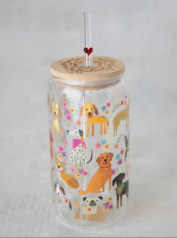 Glass Tumbler With Lid & Straw - Dogs