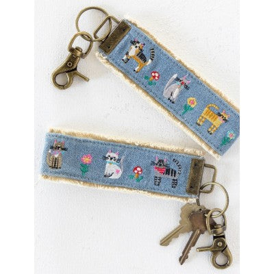 Embroidered Key Ring - Denim Cat