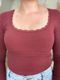 Washed Rib Scoop Neck Long Sleeve Tee - Burgundy