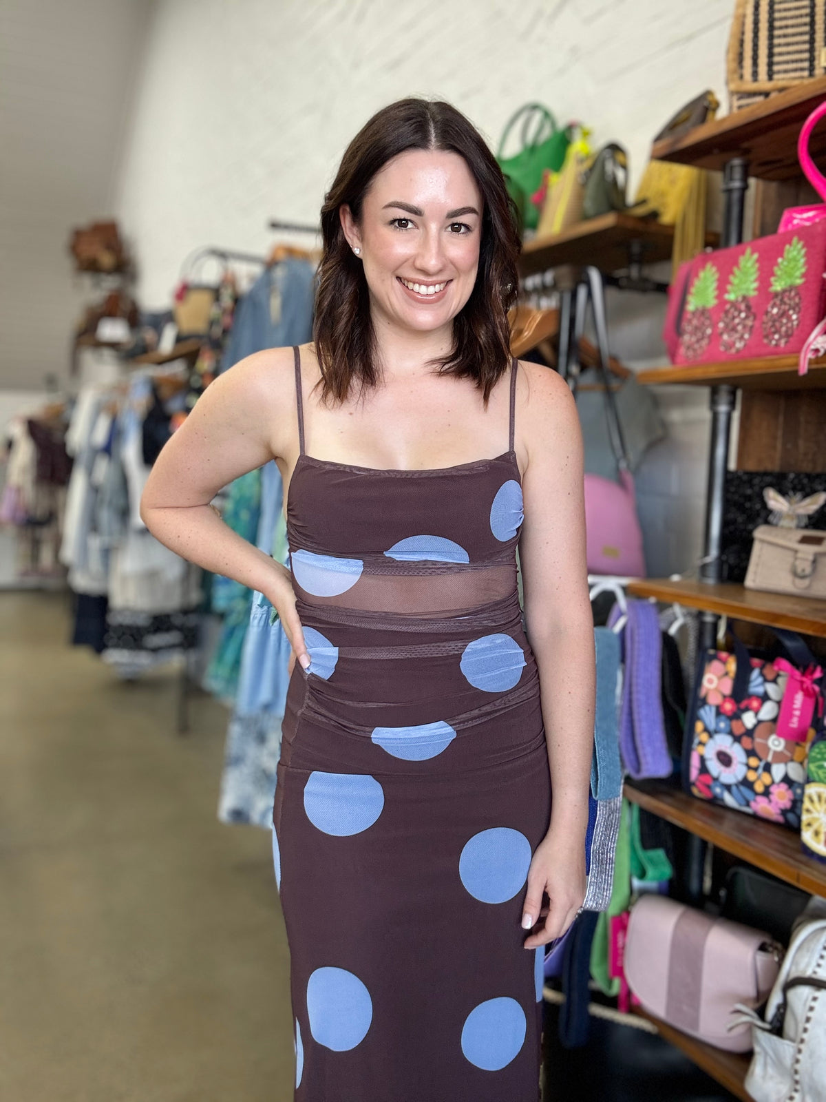 Mocha Maxi Dress - Blue Polka Dot