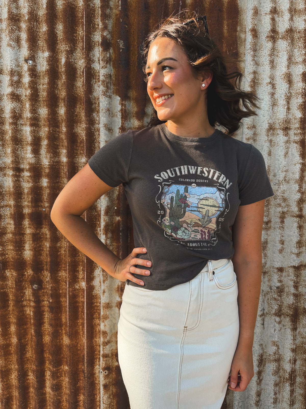 South Western Baby Tee - Charcoal