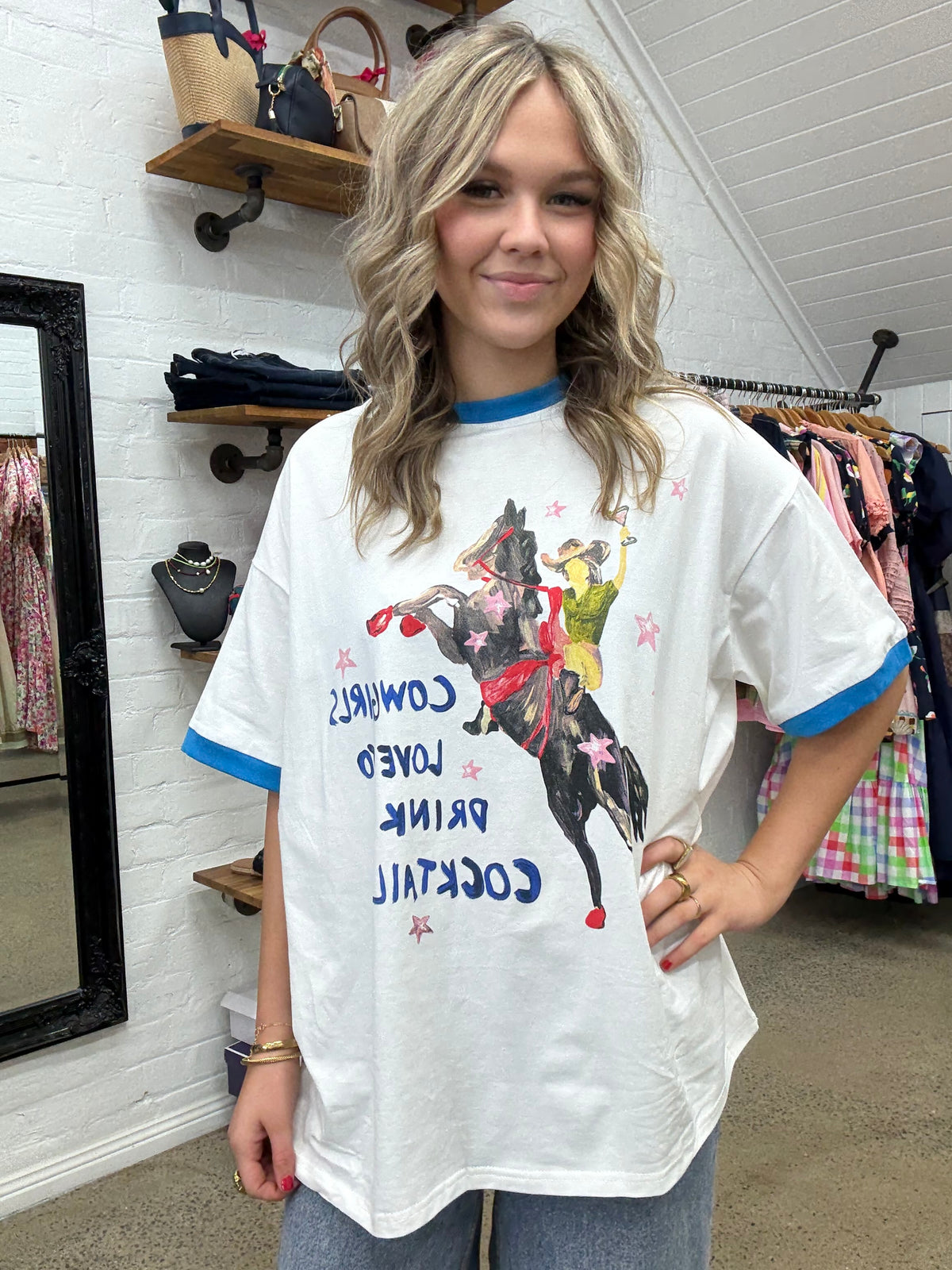 Cowgirls & Cocktails Oversized Tee - White & Blue