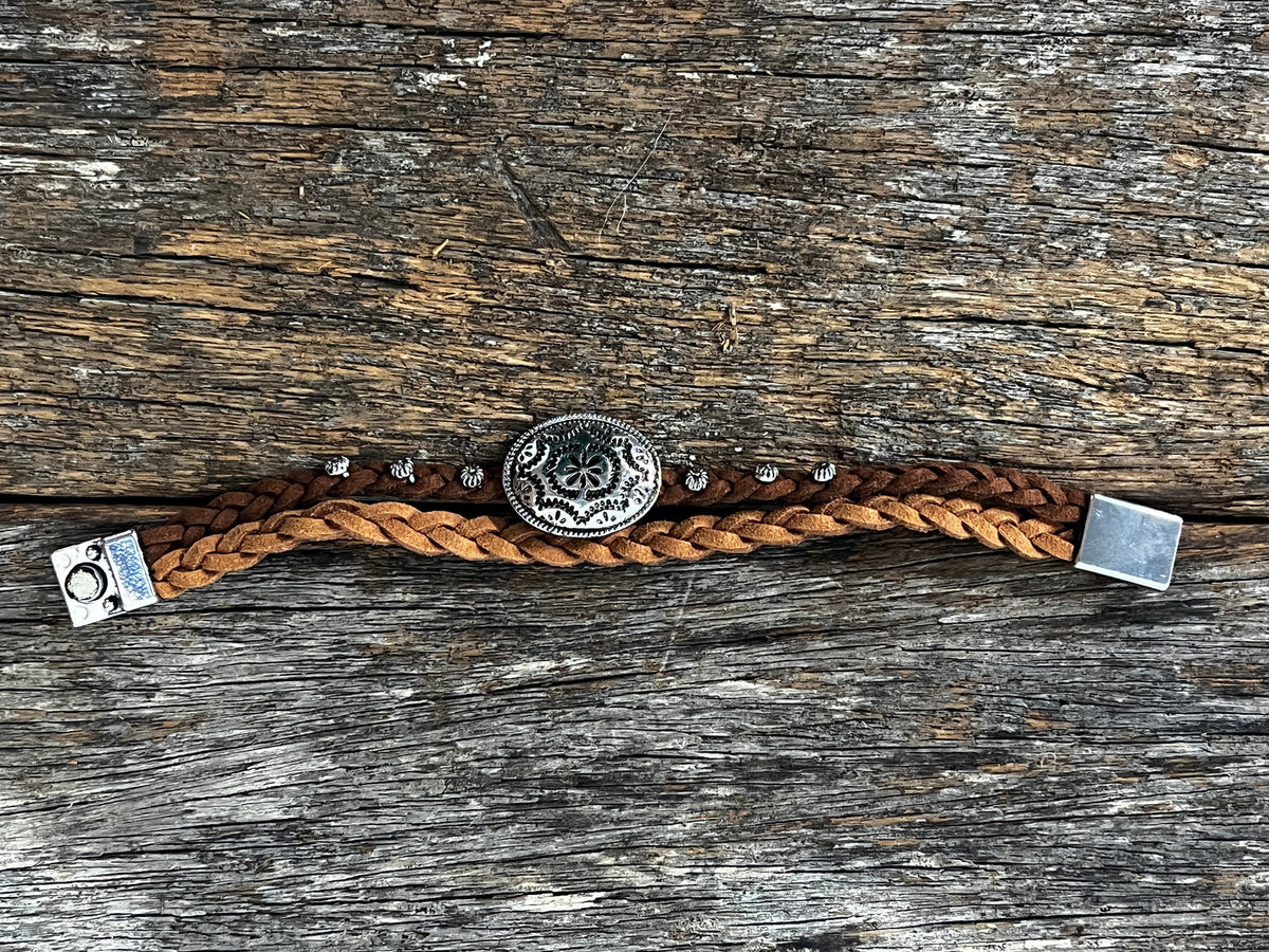 Braided Leather Concho Bracelet - Brown