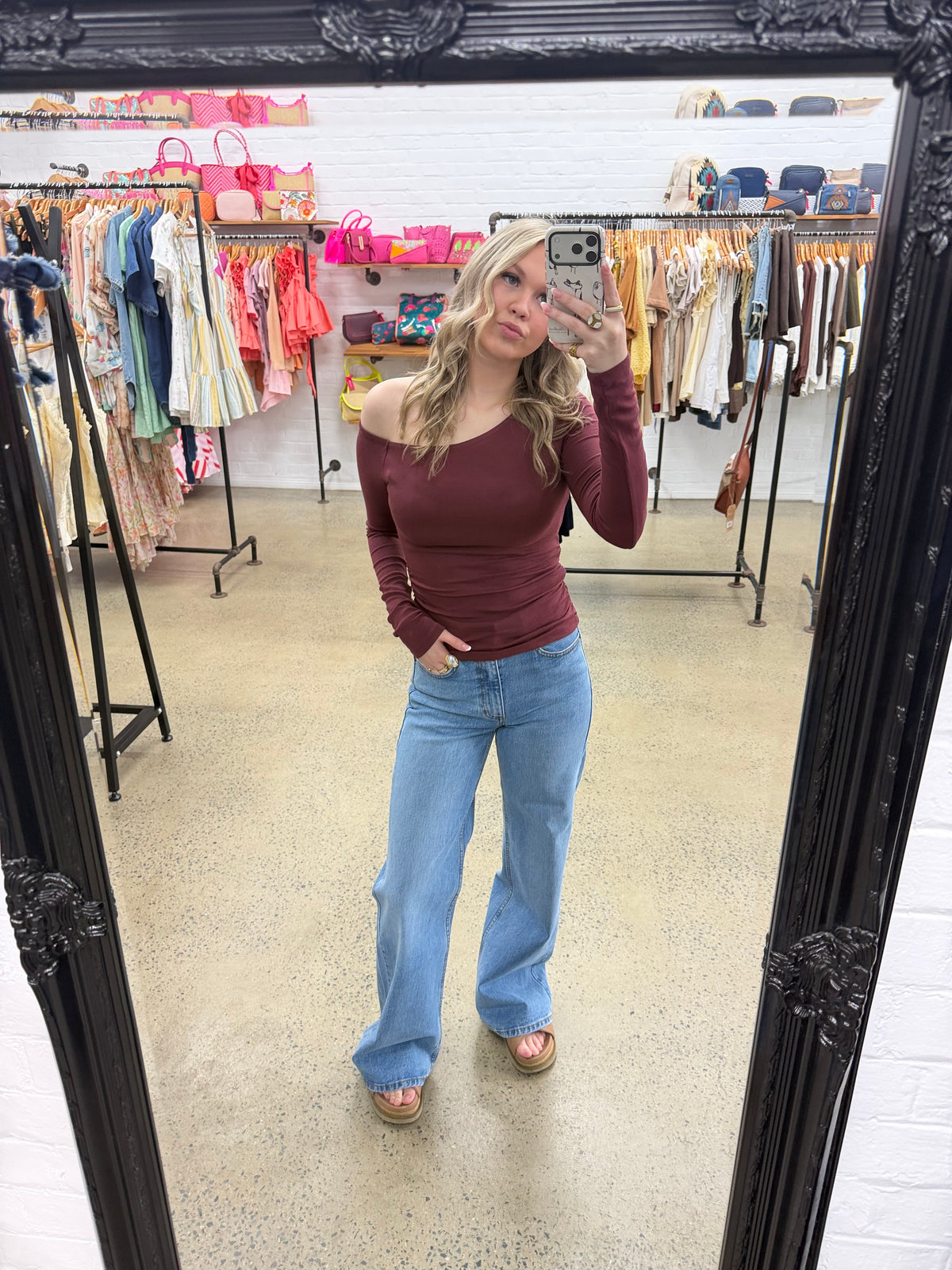 Kylie Off Shoulder Long Sleeve Top - Burgundy