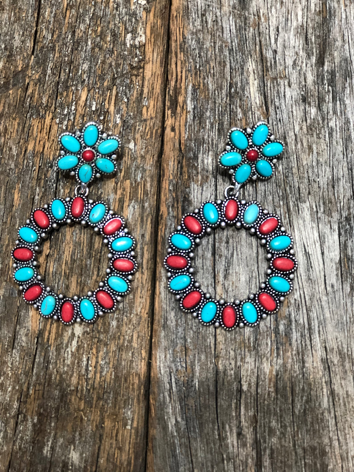 Western Earrings - Red and Turquoise Star Hoop