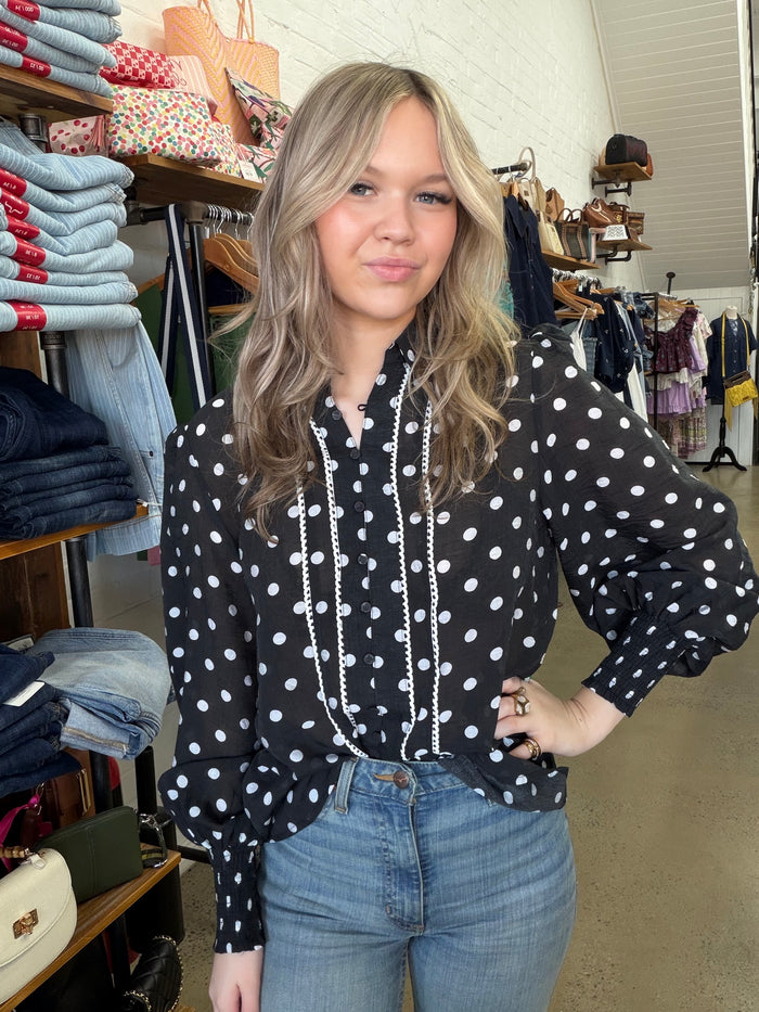 Lena Top - Black with White Polka Dot