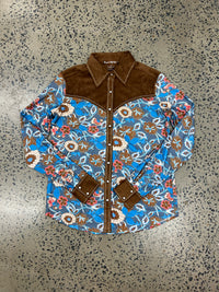 Cowgirl Tuff Pullover Arena Shirt - Floral With Brown Suede