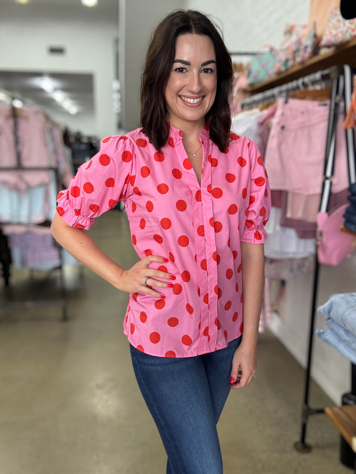 Pippa Top - Pink and Red Polka Dot