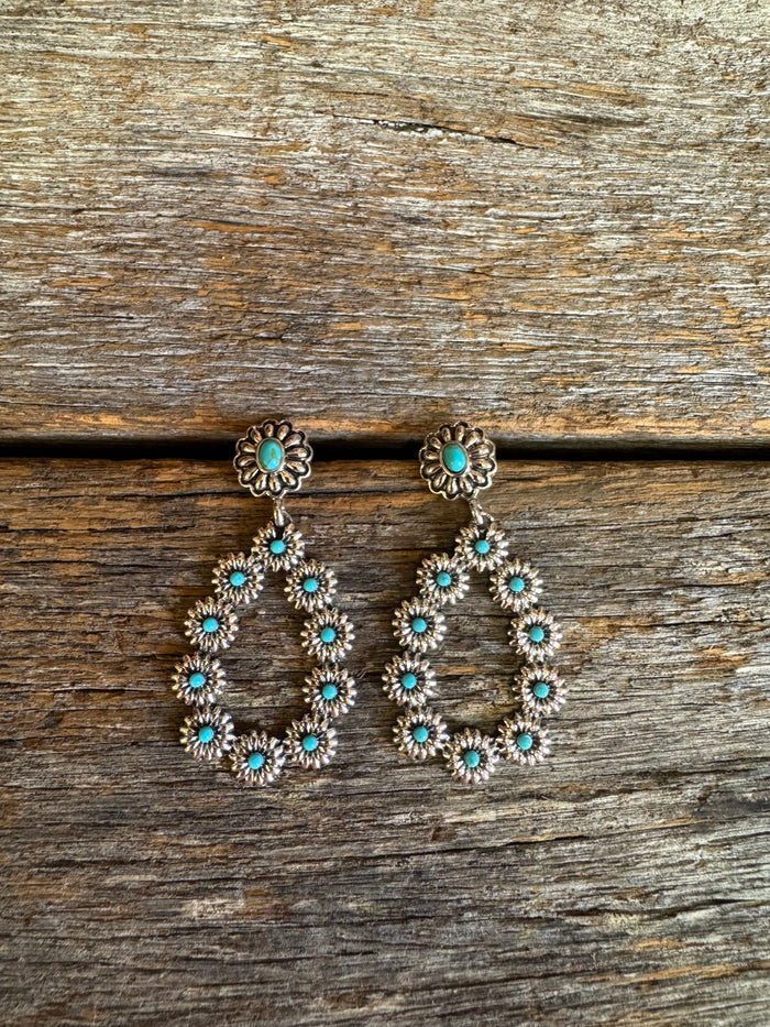 Western Earrings - Silver Turquoise Floral Drop