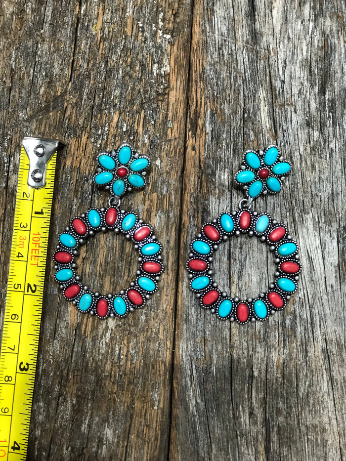 Western Earrings - Red and Turquoise Star Hoop