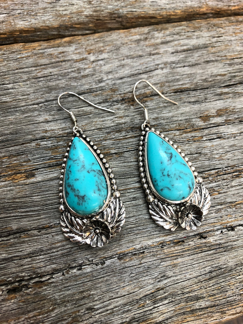 Western Earrings - Tear Drop Navajo Stone Silver Turquoise
