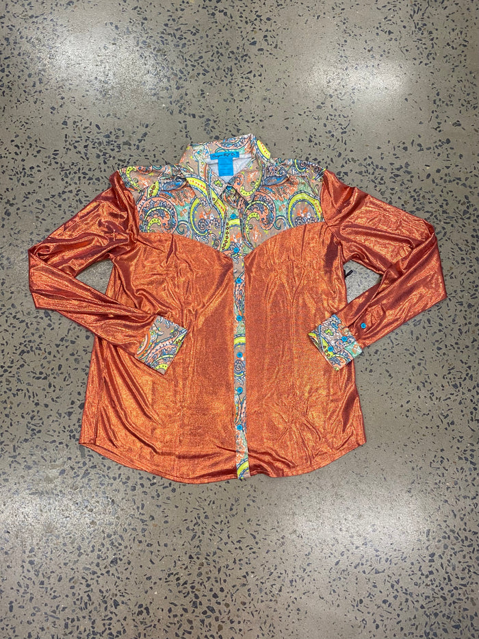 Cowgirl Tuff Pullover Arena Shirt - Rust Metallic With Colorful Paisley Accents