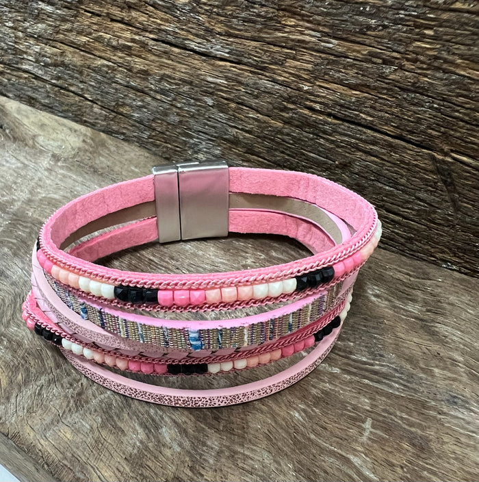 Braided Bead Magnetic Bracelet - Pink