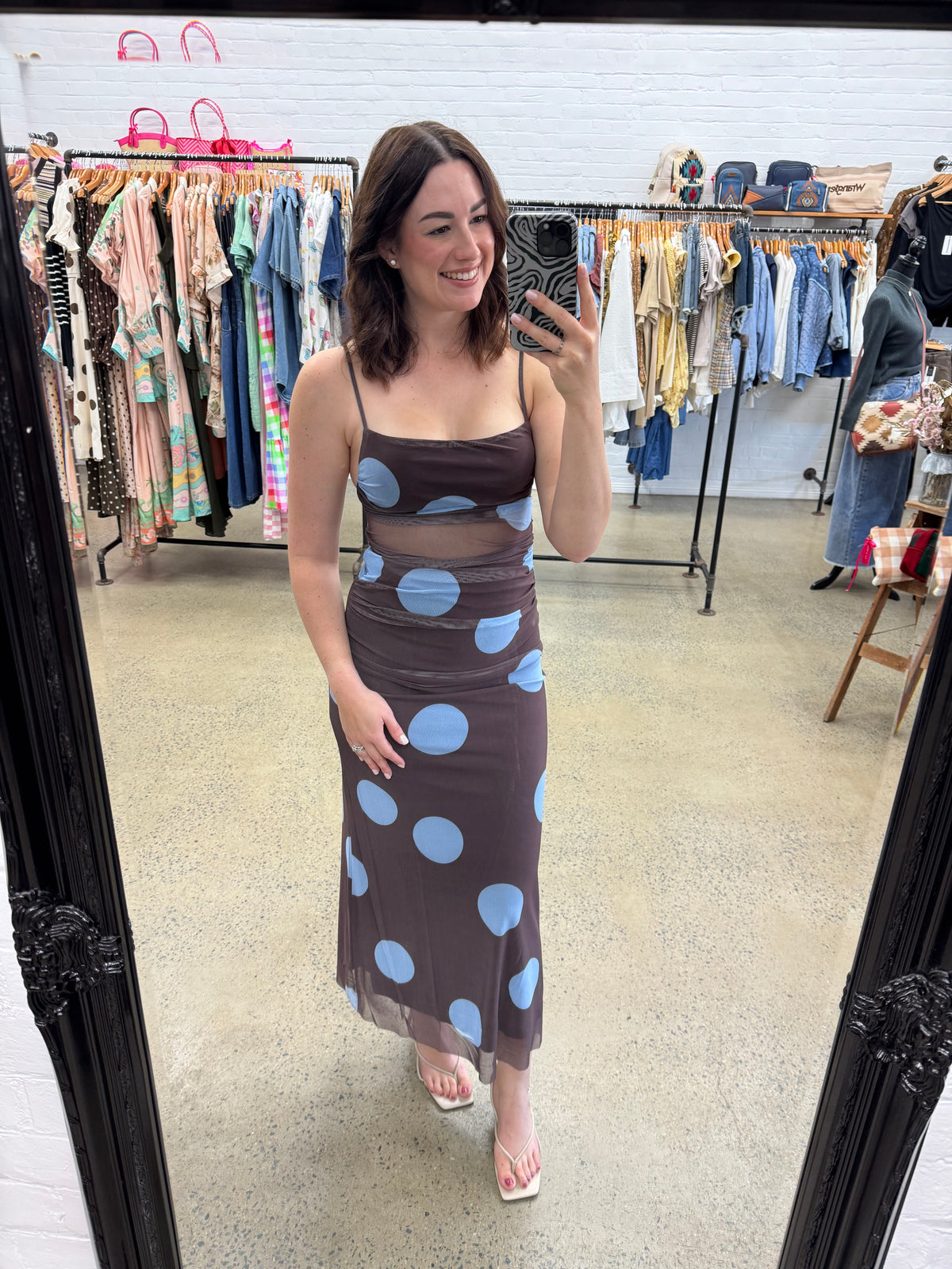 Mocha Maxi Dress - Blue Polka Dot