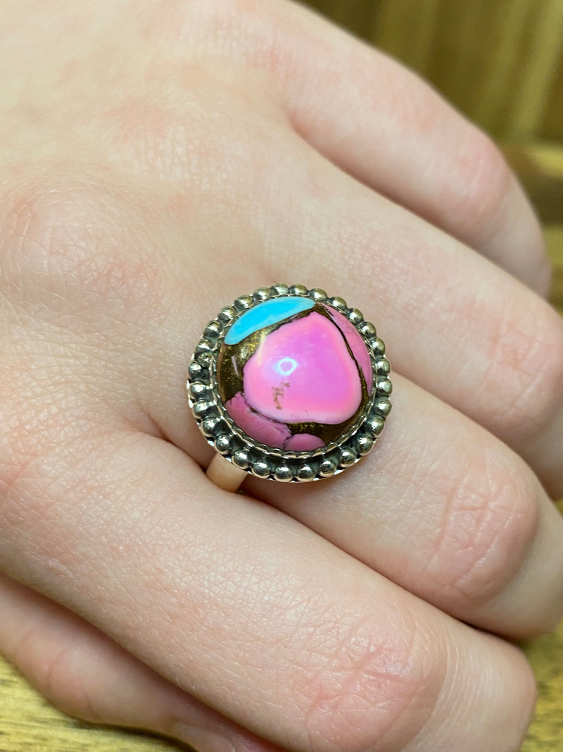 Taffy Adjustable Ring - Silver Pink Turquoise