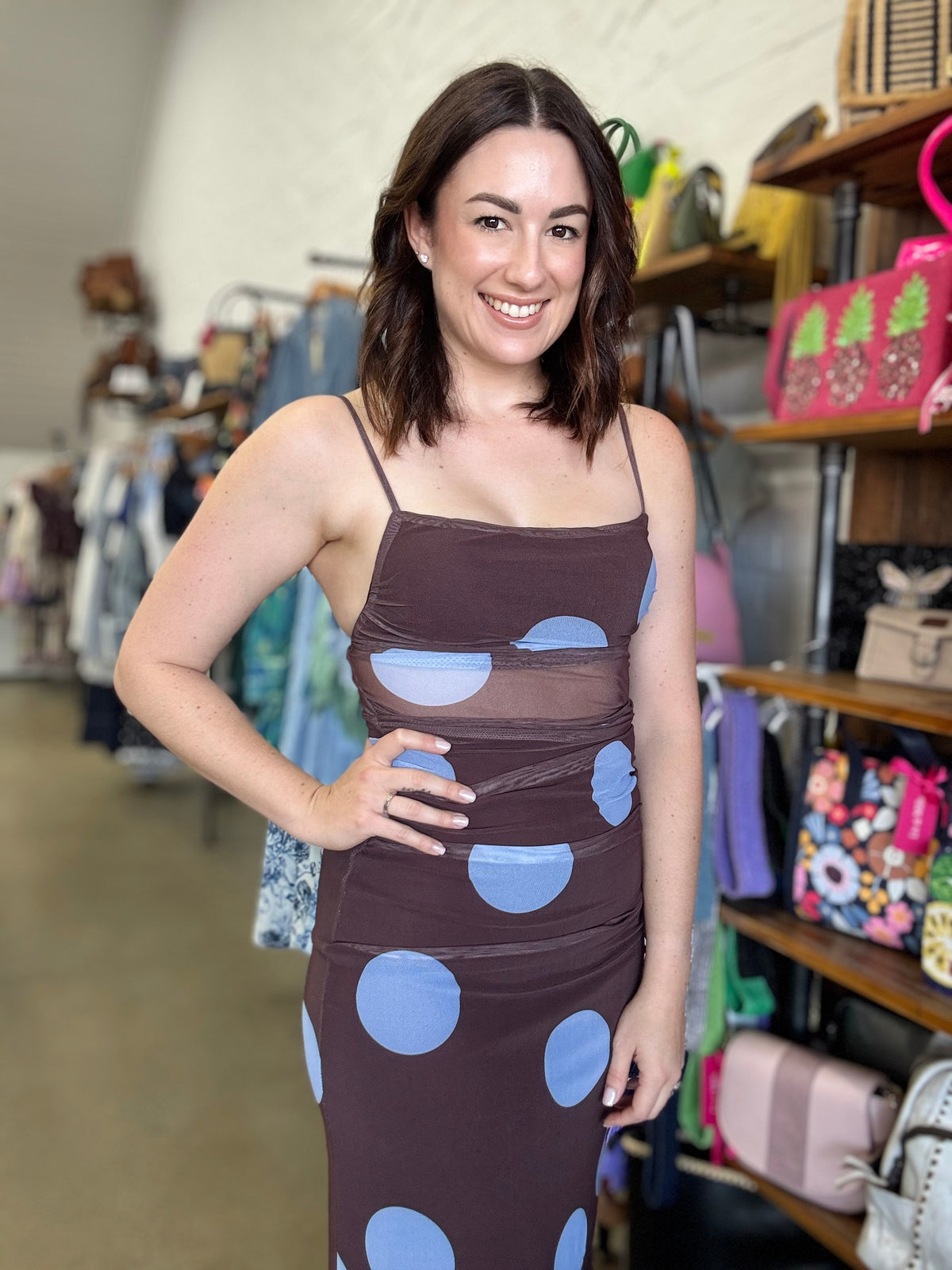 Mocha Maxi Dress - Blue Polka Dot