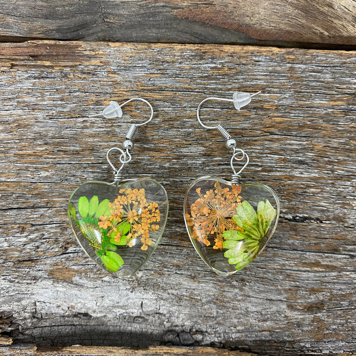 Earrings - Orange & Green Flower Heart Drop Earrings
