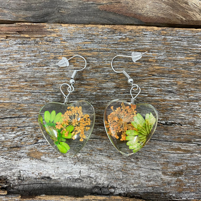 Earrings - Orange & Green Flower Heart Drop Earrings