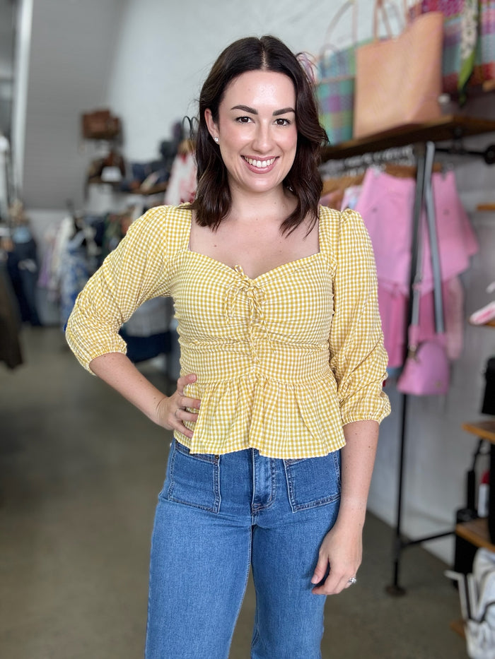 Gingham Ruched Peplum Top - Mustard