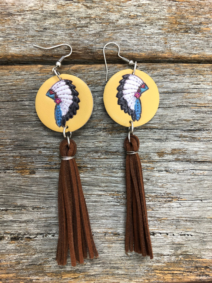 Western Earrings - Tipi Western Indian Chief Tassel Brown