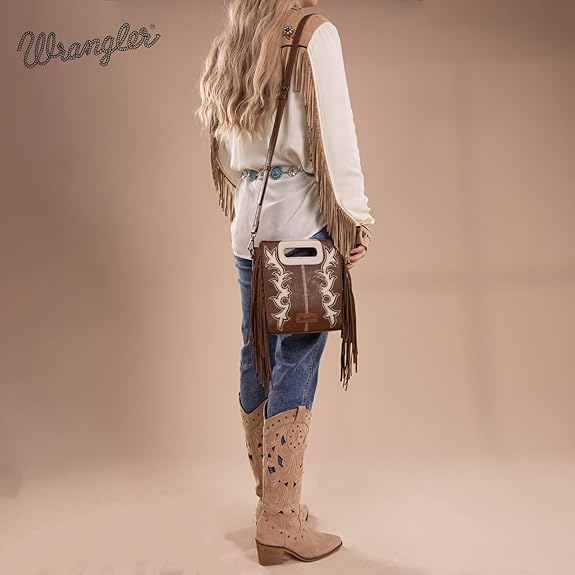 Wrangler Top Handle Boot Scroll Fringe Crossbody - Coffee