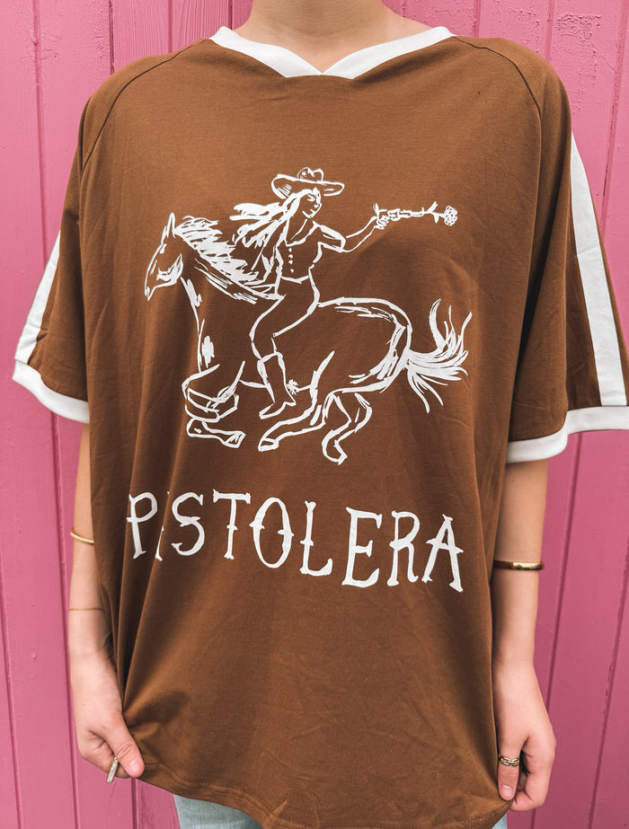 Pistolera Oversized Tee - Brown & White