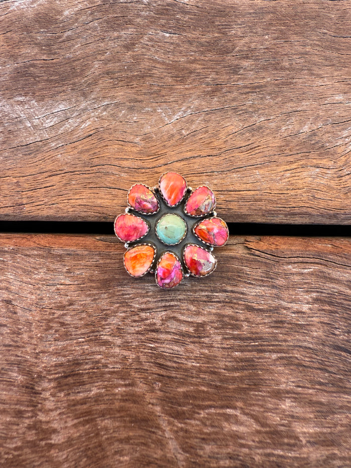 Bloom Adjustable Ring - Dahlia & Turquoise/White Buffalo Stones