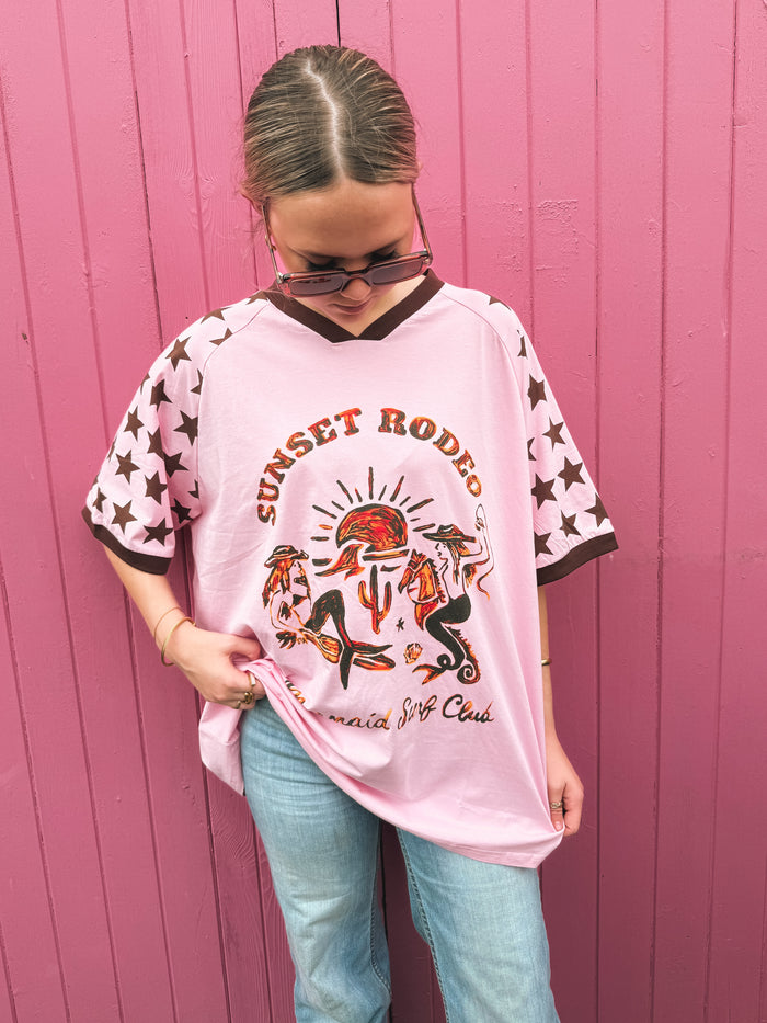 Sunset Rodeo Oversized Tee - Pink & Brown