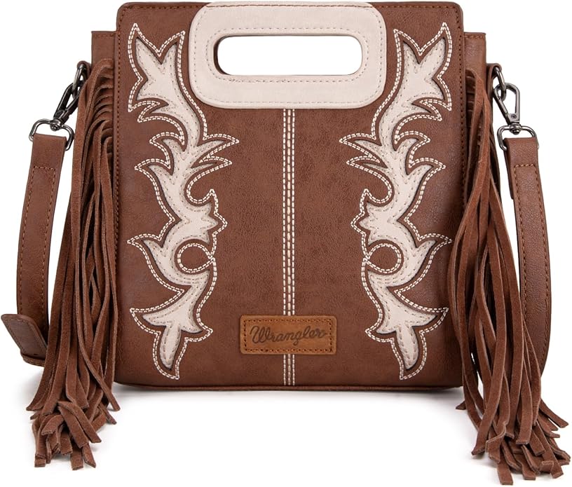 Wrangler Top Handle Boot Scroll Fringe Crossbody - Coffee
