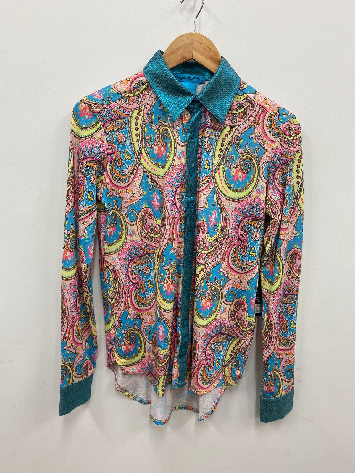 Cowgirl Tuff Pullover Arena Shirt - Pink Paisley With Turquoise Foil Metallic Accents