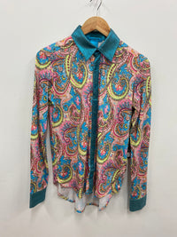 Cowgirl Tuff Pullover Arena Shirt - Pink Paisley With Turquoise Foil Metallic Accents