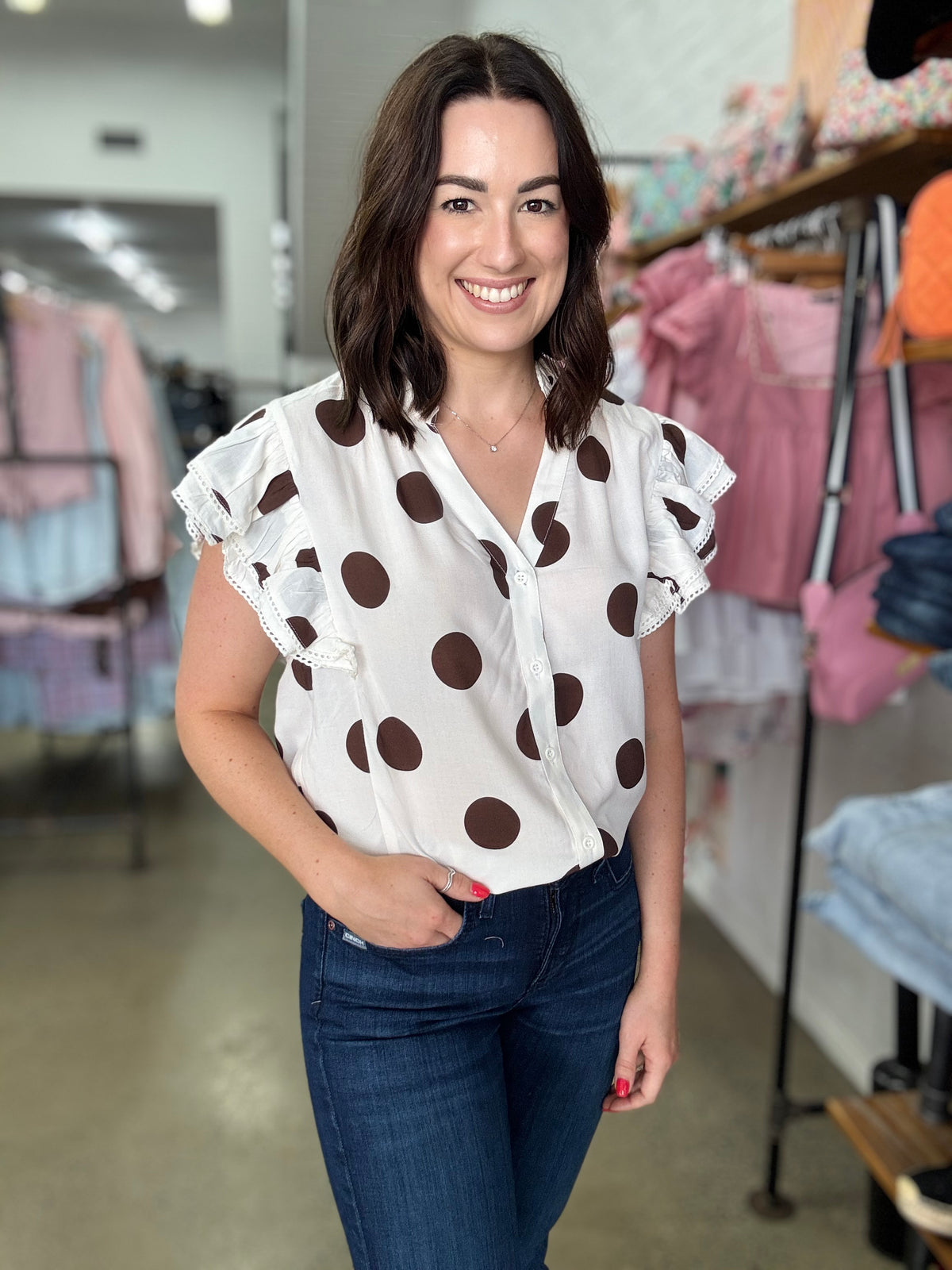 Minnie Top - White and Chocolate Polka Dot