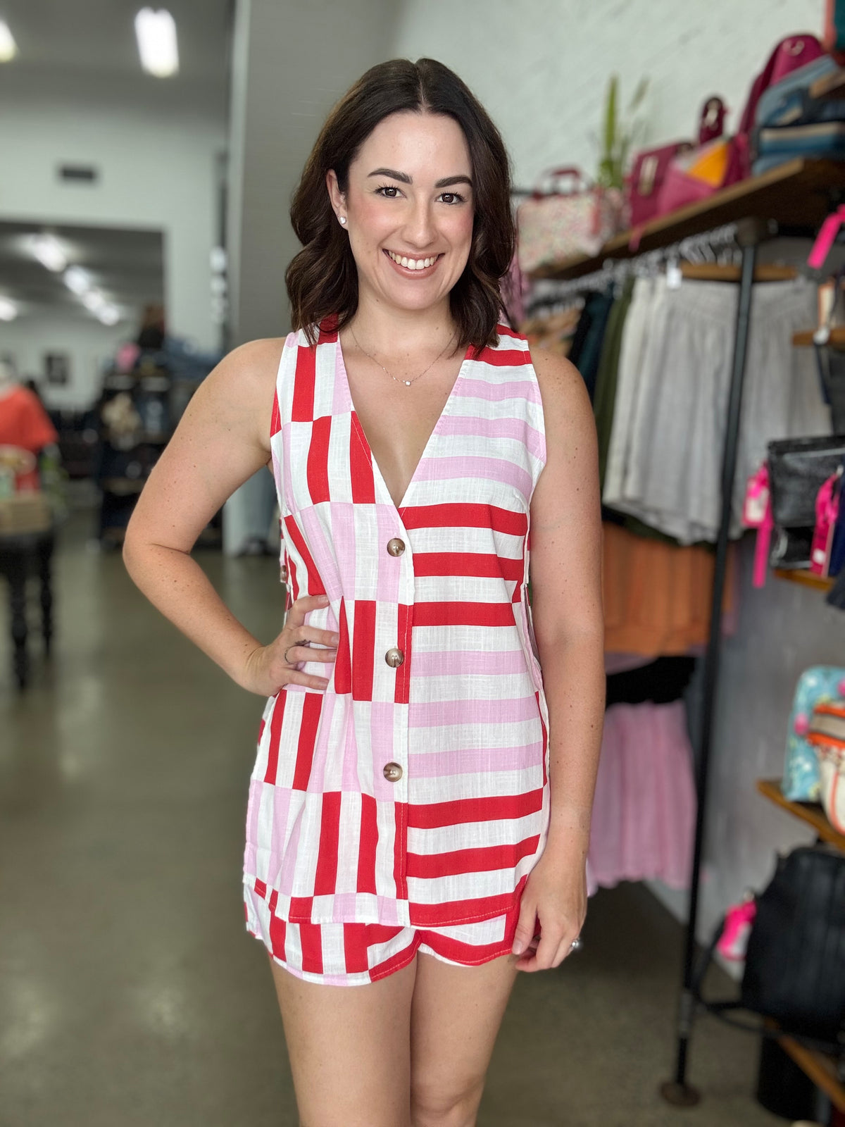 Valentia Geo Pant Set - Pink/Red/White