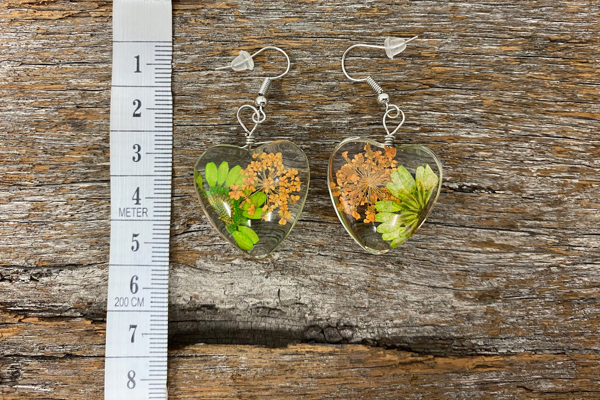 Earrings - Orange & Green Flower Heart Drop Earrings
