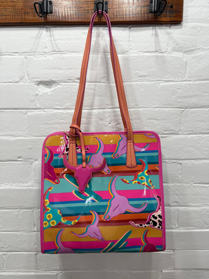 Cass - Western Long Horn Print Jelly Tote